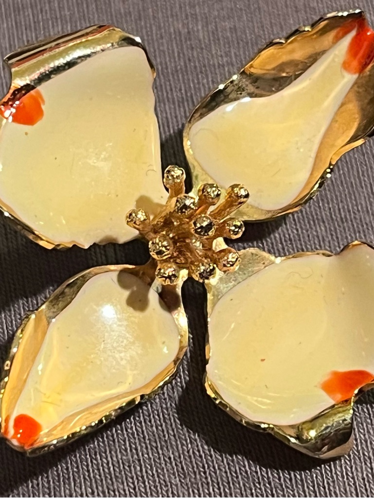 Gold-Tone White And Orange Floral Brooch